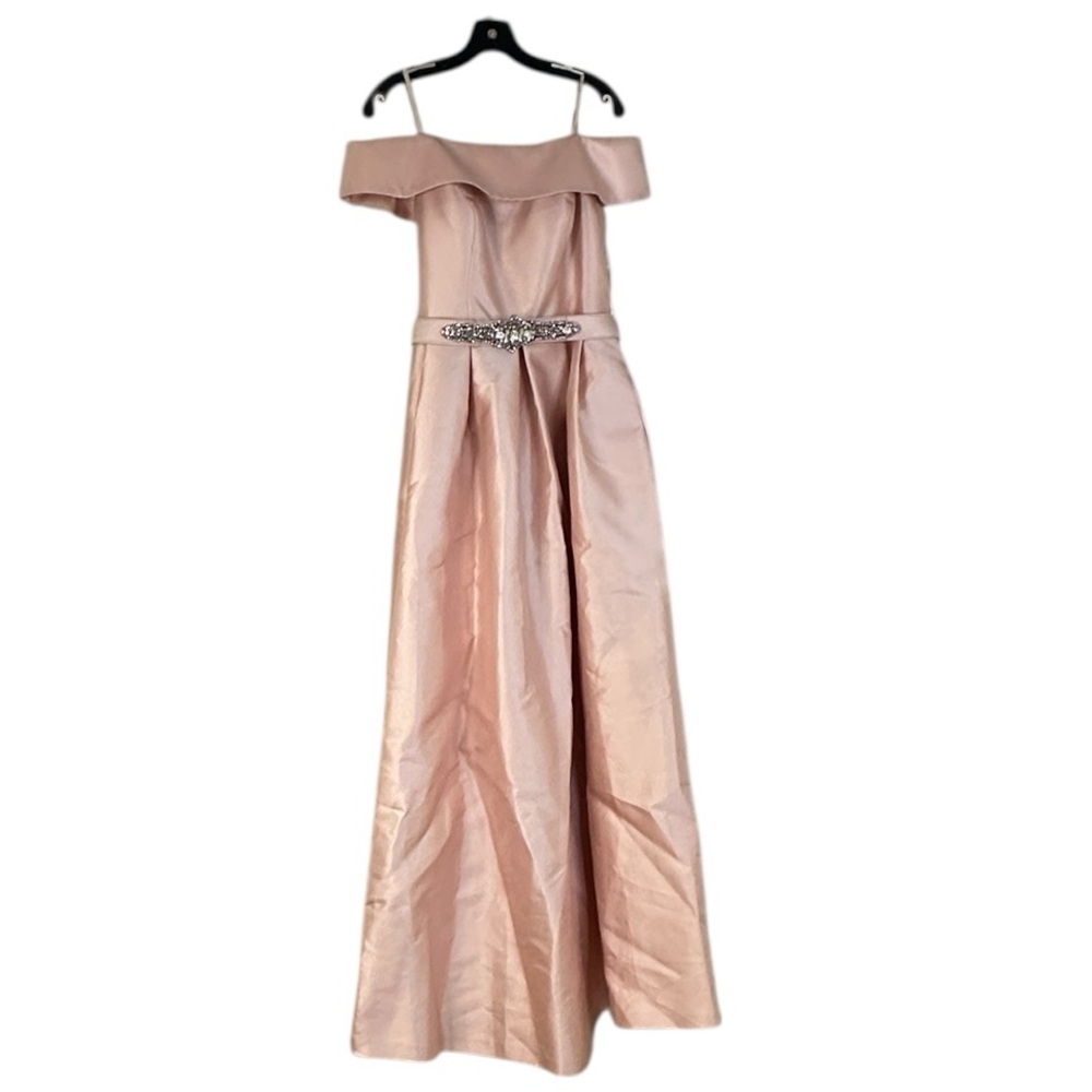 Eliza J Blush Pink Off-Shoulder Gown with Rhinestone Belt – Size 8 - Picture 5 of 13